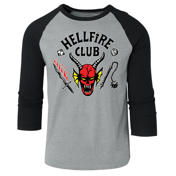 Stranger Things Gray Tee - Cosplay Long Sleeve Gray Shirt, Hellfire Club, Raglan 3/4 Gray T-Shirt